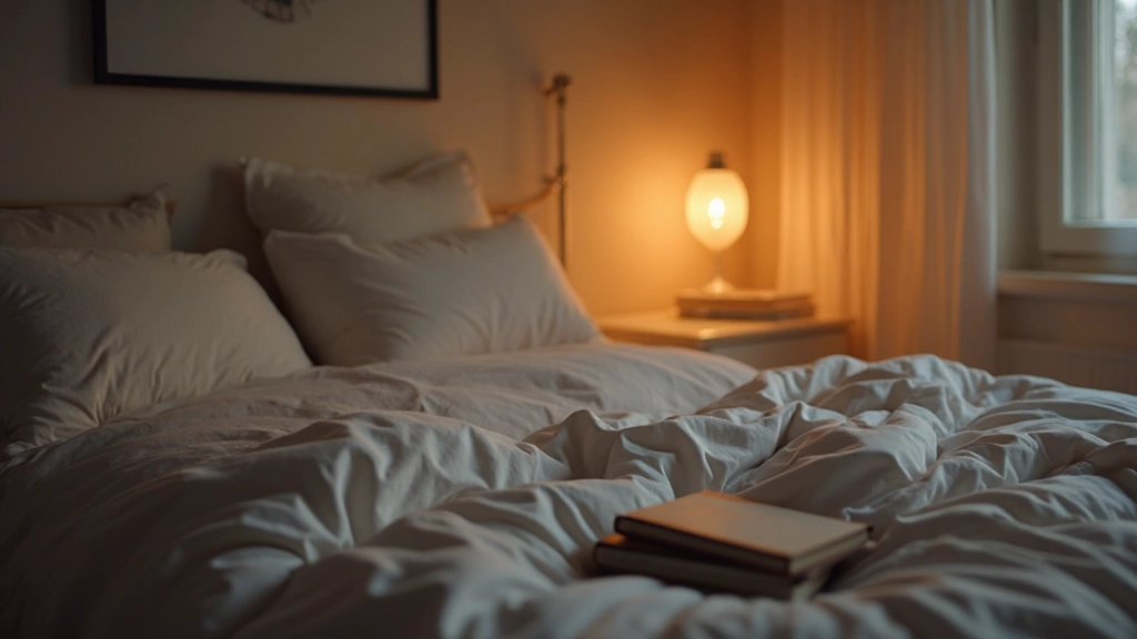 Rustige slaapkamer met zachte verlichting, boeken op nachtkastje, geen elektronische apparaten zichtbaar