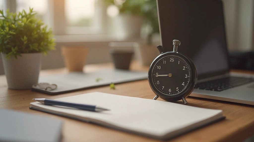 Digitale timer op 25 minuten, focusgeoriënteerde werkplek, minimale afleiding, pomodoro sessie in volle gang