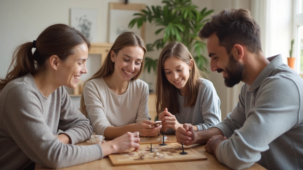 Gezin speelt samen bordspel aan tafel zonder smartphones, gelukkige interactie tussen ouders en kinderen