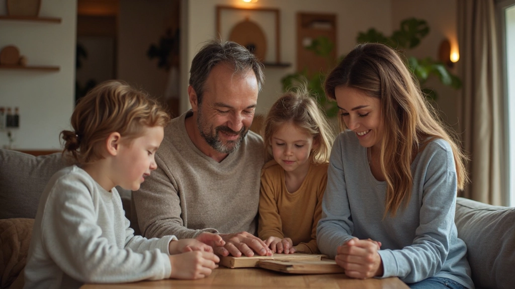 Familie met verschillende leeftijden zit samen in de woonkamer zonder elektronische apparaten zichtbaar, ontspannen sfeer met boeken en spellen