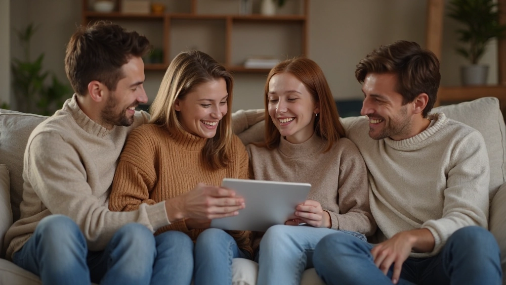 Gezin van vier mensen zit samen op bank zonder telefoons, lachend en pratend, warme huiskamer met boeken op tafel