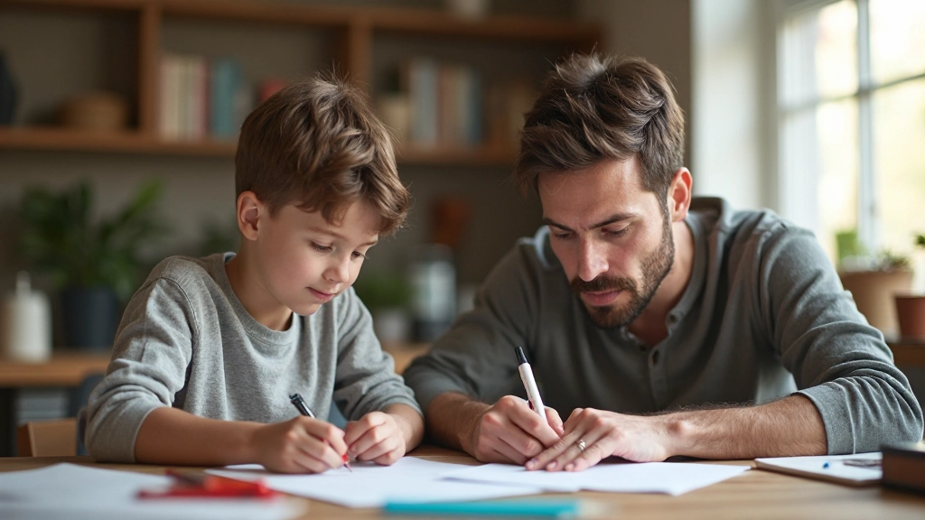 Vader en zoon zaten samen aan tafel met papier en kleurpotloden, creëren kunstwerk zonder elektronische apparaten zichtbaar