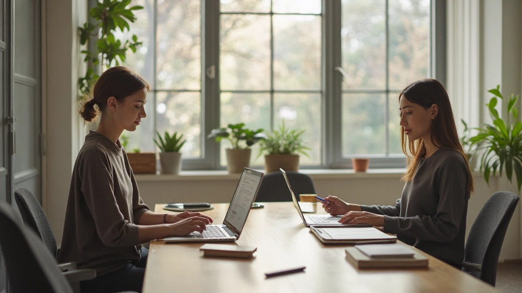 Evenwichtige digitale werkplek met natuurlijk licht en wellnessomgeving
