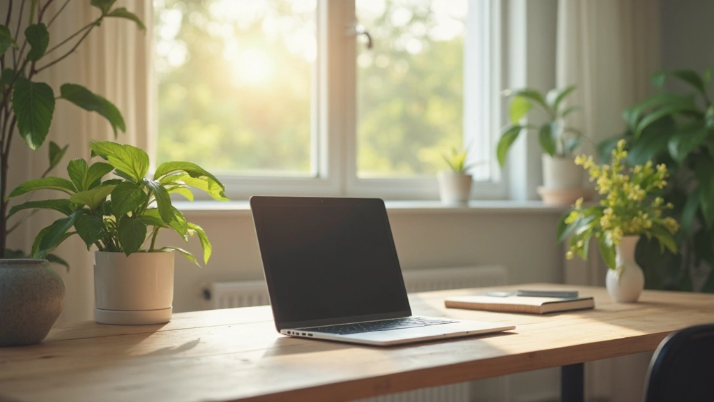 Rustige werkruimte met minimale schermafleiding, natuurlijk licht door groot raam, groen plant op bureau, schone omgeving