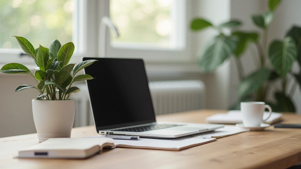 Rustige werkplek met minimale technologie, laptop gesloten op schoon bureau met plant en notitieboekje