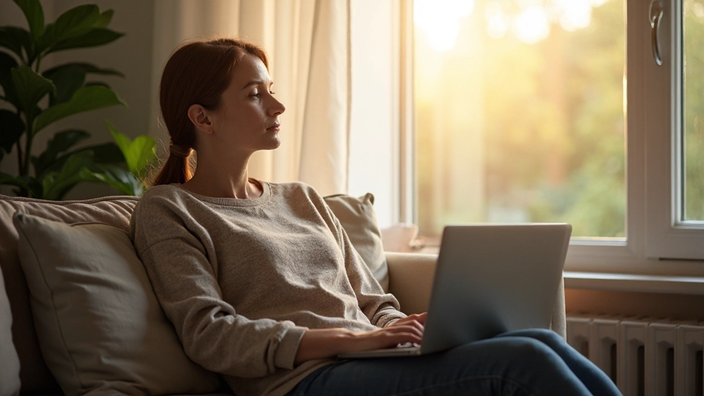 Persoon die ontspannen op een bank zit zonder telefoon, kijkend naar de ramen met zonlicht, rustige sfeer, professionele fotografie