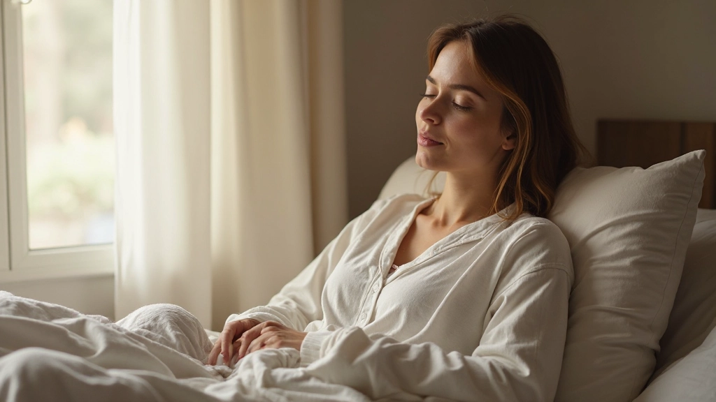 Persoon wakker in bed met rustige uitdrukking, ochtendlicht door raam, ontspannen gezicht