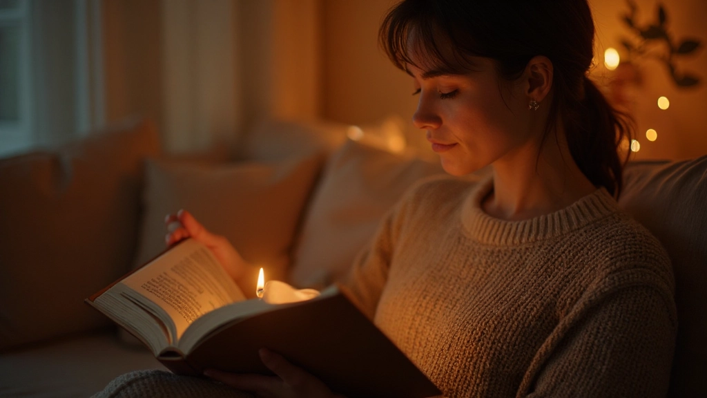 Persoon leest boek bij kaarslicht, rustige avondsfeer, warme tinten, concentratie op gezicht