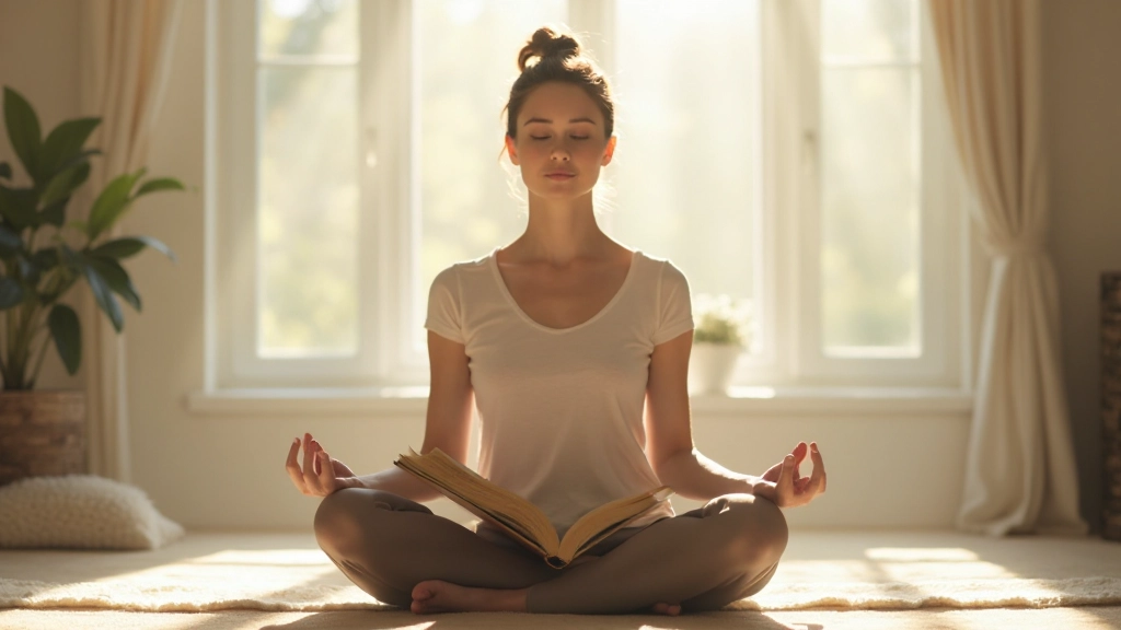 Persoon in lotus zitpositie aan boek lezend in rustige ruimte, wellness omgeving, ochtendlicht