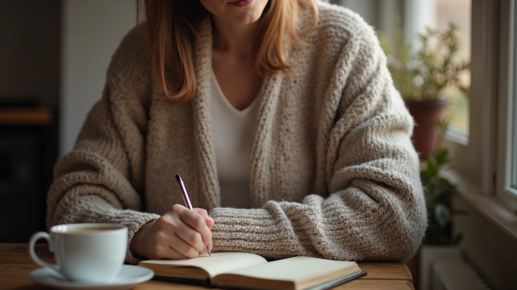 Persoon schrijft in dagboek met warme thee erbij, gemakkelijke houding, concentratie, avondlicht