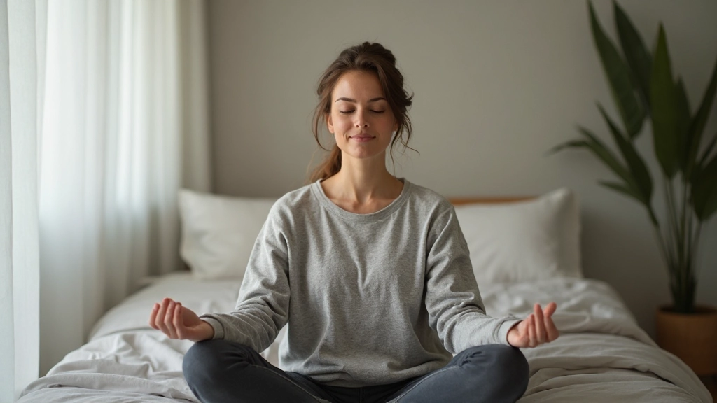 Persoon doet meditatieoefeninig in slaapkamer met gesloten ogen, rustige omgeving zonder schermen