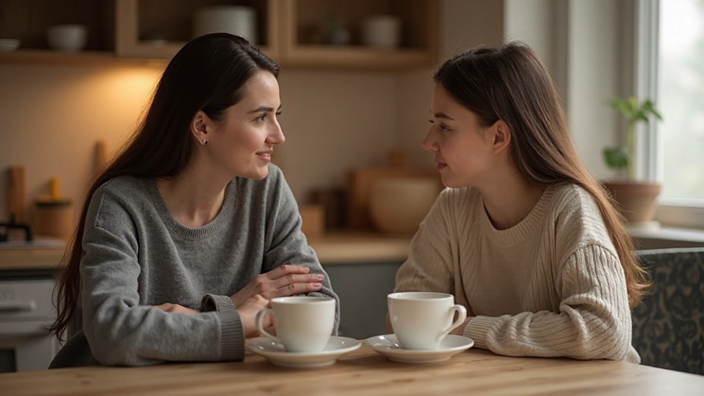 Tiener en moeder hebben gesprek aan keukentafel met thee, ontspannen atmosfeer zonder schermen